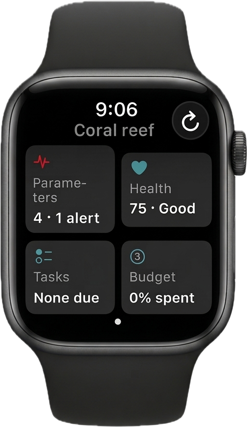 ReefDiary on Apple Watch — parameters, health, tasks, and budget